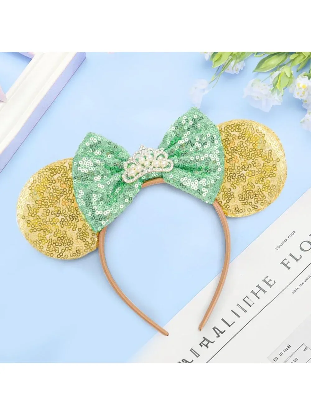 Women Green Crown Sequin Handmade Mickey Mouse Headband 2 Pieces